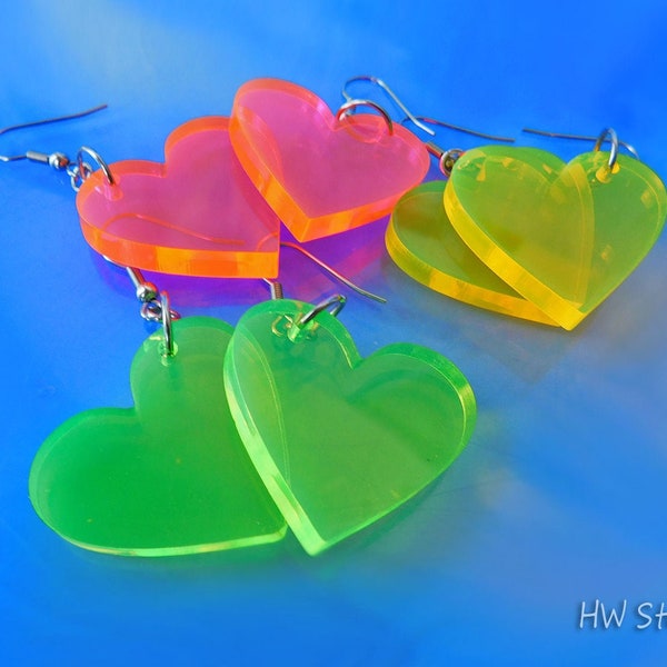 Neon Acrylic Heart Earrings, Fluorescent Pink Green Yellow Heart Earrings, Laser Cut Earrings in Neon Green Pink Yellow