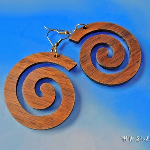 Wood Spiral Earrings, Laser Cut Walnut Earrings, Stainless Steel and Walnut Big Earrings, Lightweight Natural Wood Earrings