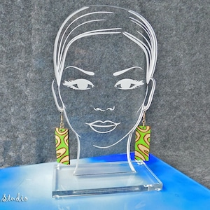 Engraved Woman Face Earring Display: Clear Acrylic Lucite Holder