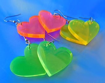 Neon Acrylic Heart Earrings: Laser Cut Fluorescent Jewelry
