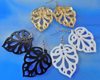 Filigree Leaf Earrings, Laser Cut Acrylic Dangle, Stainless Steel