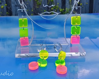 Neon Acrylic Geometric Earrings: Laser Cut Circle or Square Dangles