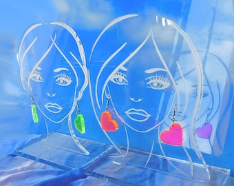 Engraved Woman Face Earring Display: Clear Acrylic Lucite Holder