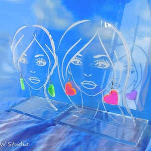 Engraved Woman Face Earring Display: Clear Acrylic Lucite Holder