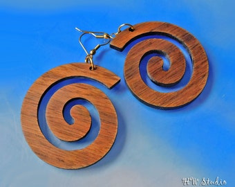 Wood Spiral Earrings, Laser Cut Walnut Earrings, Stainless Steel and Walnut Big Earrings, Lightweight Natural Wood Earrings