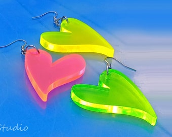 Neon Acrylic Heart Earrings: Laser Cut Fluorescent Dangles