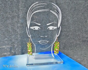 Engraved Woman Face Earring Display: Clear Acrylic Lucite Holder
