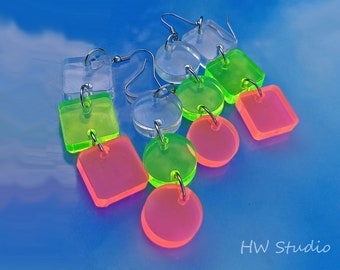 Neon Acrylic Geometric Earrings, Fluorescent Pink and Green Circles or Squares Earrings, Laser Cut Earrings in Neon Pink and Green and Clear