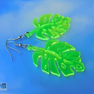 Neon Green Acrylic Leaf Earrings, Laser Cut Leaf Earrings in Neon Green, Stainless Steel and Acrylic Lightweight Long Earrings