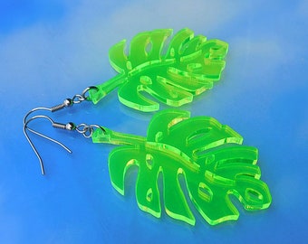 Neon Green Acrylic Leaf Earrings, Laser Cut Leaf Earrings in Neon Green, Stainless Steel and Acrylic Lightweight Long Earrings