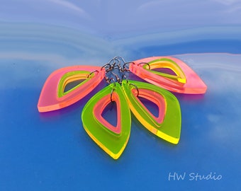 Neon Acrylic Wing Earrings: Fluorescent Pink & Yellow, Laser Cut