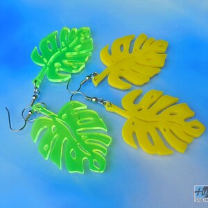 Acrylic Palm Leaf Earrings, Laser Cut Leaf Earrings, Stainless Steel and Acrylic Lightweight Long Earrings in White Black Yellow Green