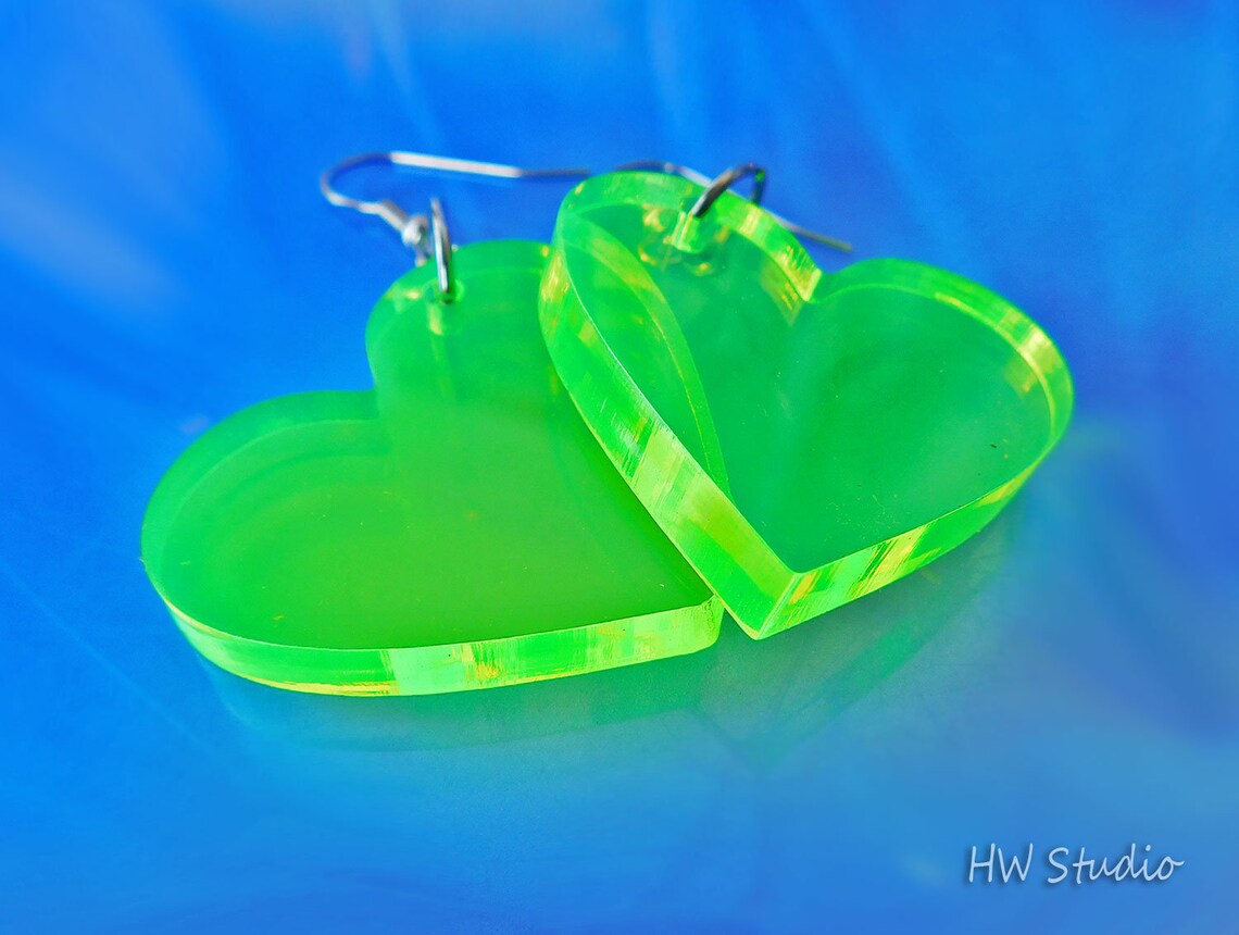 Neon Acrylic Heart Earrings Fluorescent Pink Green Yellow Etsy