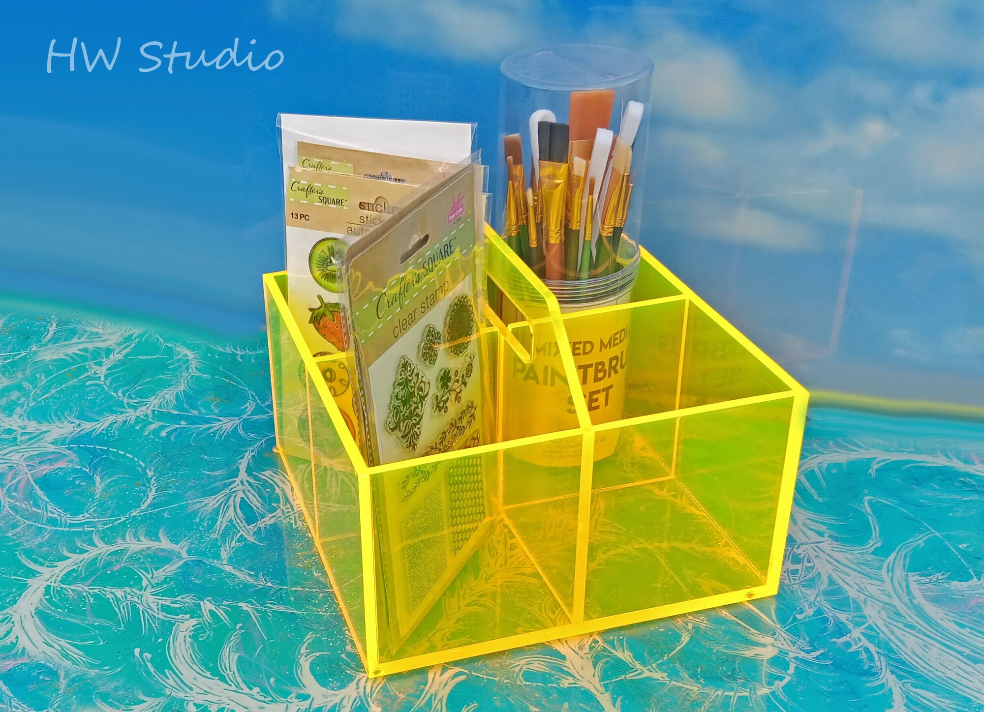 Neon Yellow Acrylic Organizer: 4-compartment Fluorescent Storage