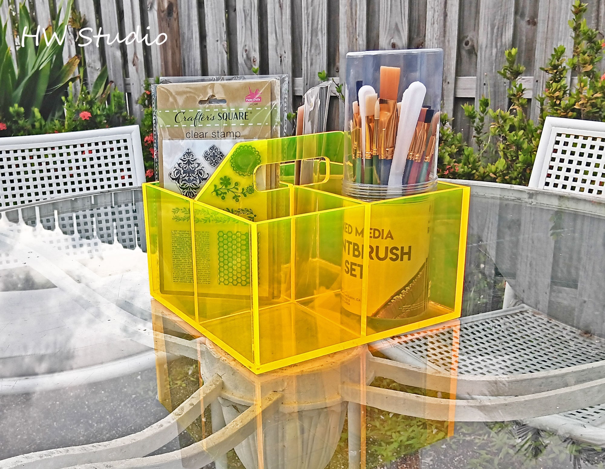 Neon Yellow Acrylic Organizer: 4-compartment Fluorescent Storage