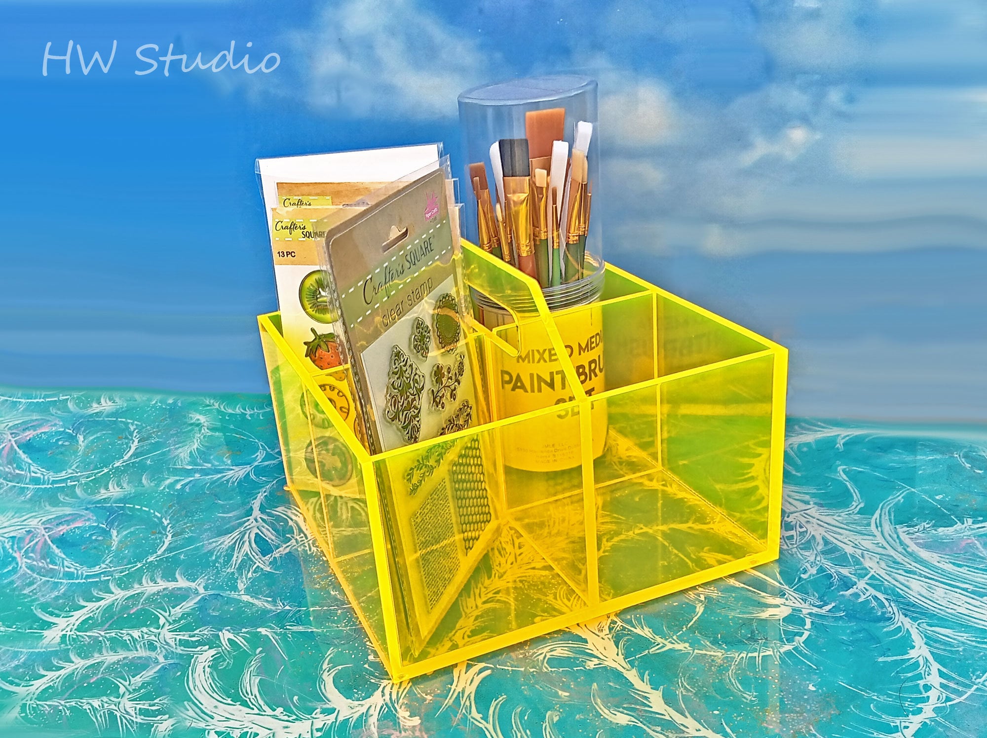Neon Yellow Acrylic Organizer: 4-compartment Fluorescent Storage