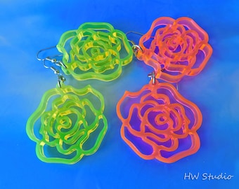 Neon Acrylic Rose Earrings: Laser Cut Fluorescent Dangles