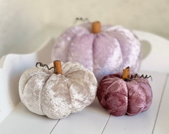 Three 'lilac love' crushed velvet pumpkins