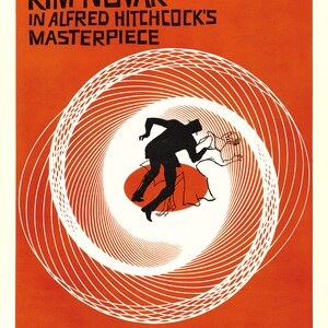 May include: A red and white movie poster for the film "Vertigo" starring James Stewart and Kim Novak. The poster features a swirling pattern in the background and a silhouette of a man and woman in the center.