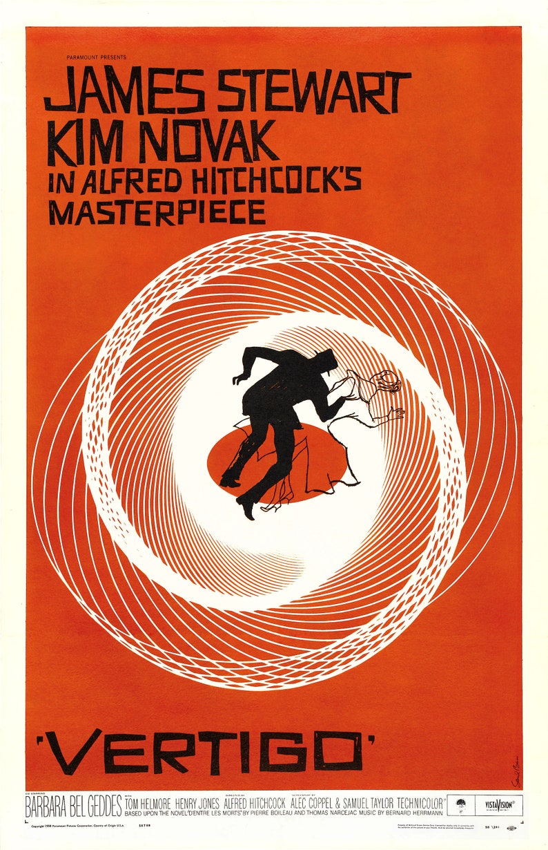 May include: A red and white movie poster for the film "Vertigo" starring James Stewart and Kim Novak. The poster features a swirling pattern in the background and a silhouette of a man and woman in the center.