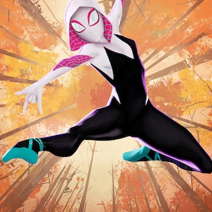 May include: A white and black superhero costume with a pink spider design. The superhero is wearing a white hooded mask with a pink spider design. The superhero is swinging through a forest with orange and brown leaves.
