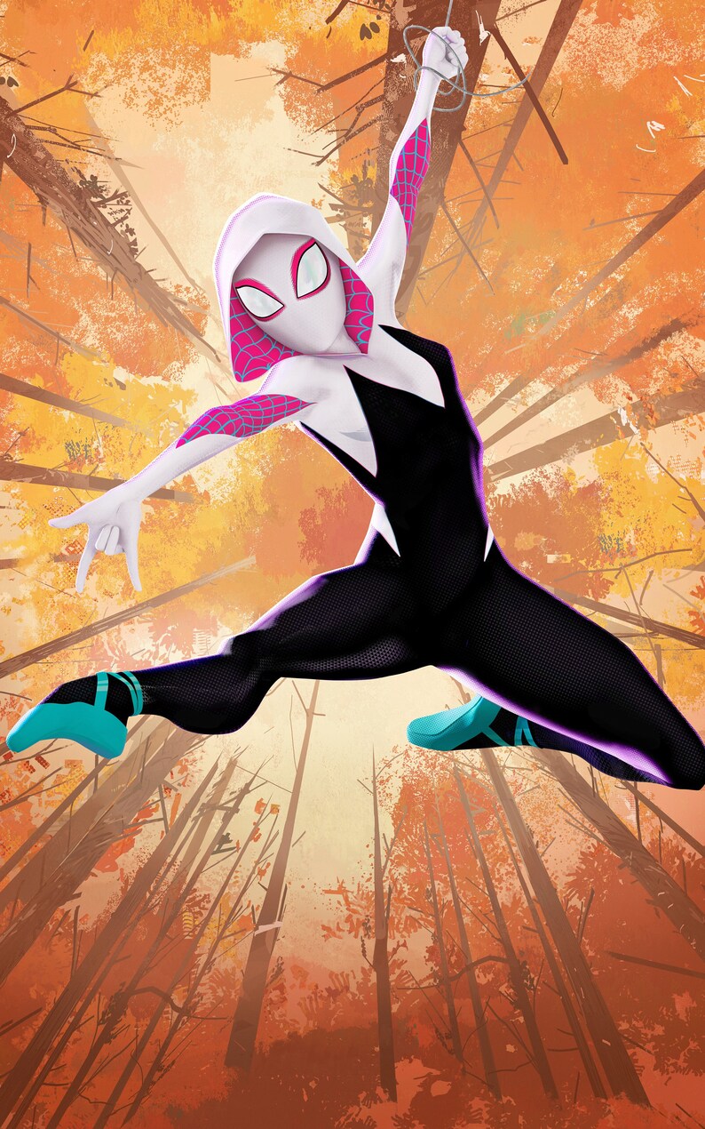 May include: A white and black superhero costume with a pink spider design. The superhero is wearing a white hooded mask with a pink spider design. The superhero is swinging through a forest with orange and brown leaves.