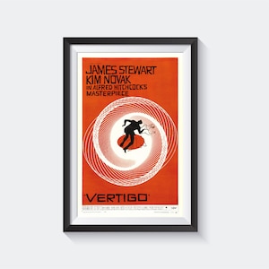 May include: A vintage movie poster for the film "Vertigo" starring James Stewart and Kim Novak. The poster features a red background with a white spiral design and a silhouette of a man running in the center. The text "Vertigo" is in large white letters at the bottom of the poster.