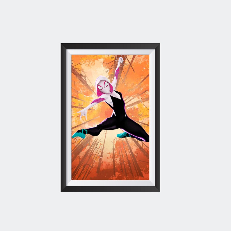 May include: A digital illustration of a female superhero in a black and white suit with pink accents, standing in a forest with orange and brown leaves. She is wearing a white mask and has her arms outstretched.