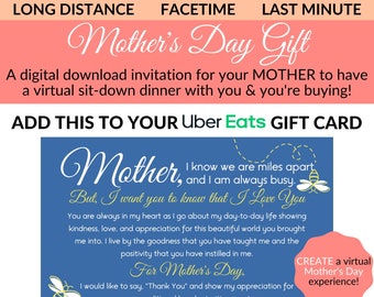 À MOTHER, UBER EATS Facetime Dinner Invitation Cadeau de fête des mères, Invitation à l’expérience virtuelle, Ajouter à la carte-cadeau