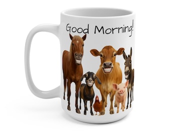 Good Morning Funny Farm Animal Mug | Smiling Cow Pig Horse Donkey Chicken Goat Cup | Country Farmhouse Coffee Mug Gift for Animal Lovers