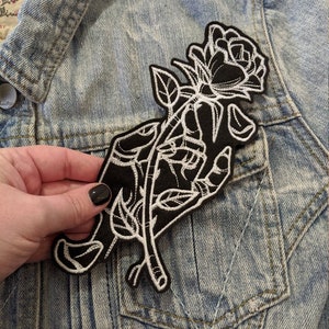 Black Linework Rose in Hand Iron On Patch | Embroidered Patch | Patches for Denim Jackets | Embroidered Applique | Mystical Patch | B&W