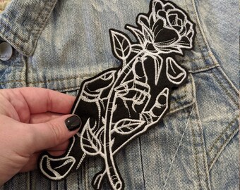 Black Linework Rose in Hand Iron On Patch | Embroidered Patch | Patches for Denim Jackets | Embroidered Applique | Mystical Patch | B&W