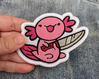 Stabby Axolotl Iron On Patch READY TO SHIP, Embroidered Applique, Patches for Jackets, Bags, Jeans, Salamander, Creature, Cute, Pink