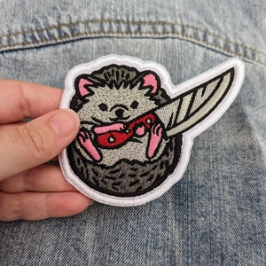 Hedgehog With Knife Iron On Patch, ready to ship Stabby Friends, Embroidered Applique, Jacket, Bag, Jeans, Cartoon, Creature, Cute, Woodland