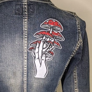 May include: A denim jacket with a hand holding a cluster of red mushrooms embroidered on the back.