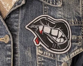Fangs Iron On Patch, READY TO SHIP, Embroidered Patch, Patches for Denim Jackets, Embroidered Applique, Vampire Patch, Teeth, Lips, Mouth