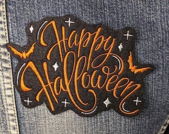 Happy Halloween Iron On Patch, Patches for Denim Jackets Bags, Embroidered Applique, Halloween, Horror, Pagan, Witchcraft, Morale Patch