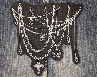 Black & White Gothic Chain Iron On Patch, Embroidery, Macabre, Skull, Necklace, Chain, Cross, Goth