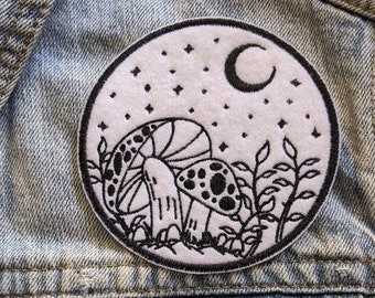 Mushies Iron On Patch, Embroidered Patch, Handmade Patch, Patches for Jackets, Linework Patch, Lineart Patch, B&W Patch, Mushroom Patch