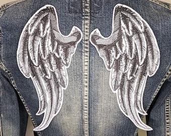 B&W Angel Wings Iron On Patches PAIR, Angelic, Halloween, Applique, Costume, Embroidery, Cosplay, Fantasy, Feathers, Black and White