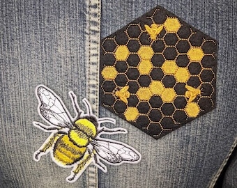 DOUBLE PACK Bee and Honeycomb Iron On Patches | Honey Patch | Embroidered Patches | Machine Embroidery | Handmade | Nature | Save The Bees
