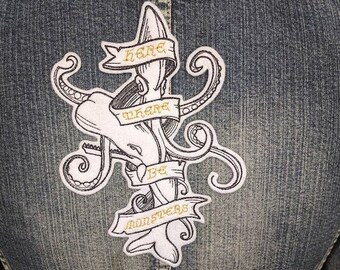 Here There Be Monsters Iron On Patch, Embroidery, Octopus, Tentacle, Kraken, Whale, Sea Creature, Ocean, Animal, Cryptid, Mythology, Fight