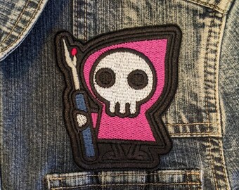 Seam Reaper Iron On Patch, Novelty Patch, Funny Patch, Grim Reaper, Seam Ripper, Badge for Jacket, Denim Patch, Sewing Design, Kawaii, Cute