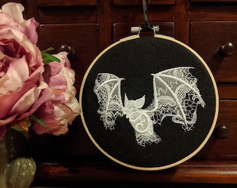 Lace Bat Embroidered Wall Decor, Machine Embroidery, Wall Hanging, Gothic Decor, Homewares, Housewarming Gift, House Decoration, Baroque