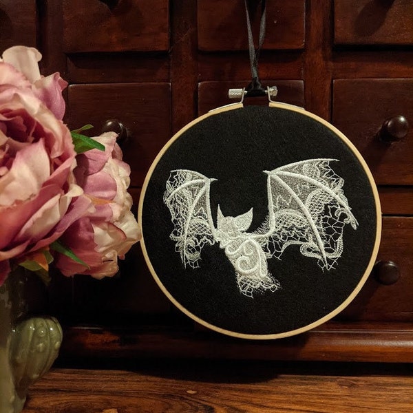 Lace Bat Embroidered Wall Decor, Machine Embroidery, Wall Hanging, Gothic Decor, Homewares, Housewarming Gift, House Decoration, Baroque