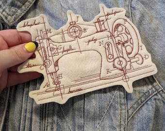 Vintage Sewing Machine Schematics Iron On Patch | Embroidered Patch | Patch for Denim Jackets | Embroidered Applique | Vintage Patch