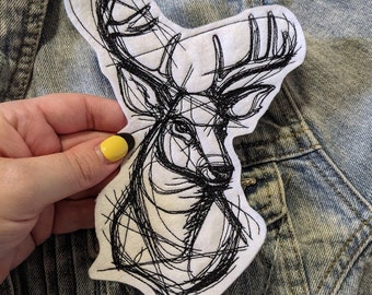 Sketchwork Deer Iron On Patch, White | Embroidered Patch | Patch for Denim Jackets | Embroidered Applique | Animal Patch | Fawn Patch