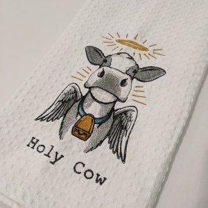 Holy Cow Embroidered Kitchen Towel, Funny Tea Towel, Snarky Gift, Sarcastic Home Decor, Kris Kringle, Secret Santa, Christmas present