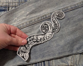 White Tentacle Embroidered Iron On Patch | Embroidered Patch | Animal Patch | Patches for Denim Jackets | Embroidered Applique | Nature