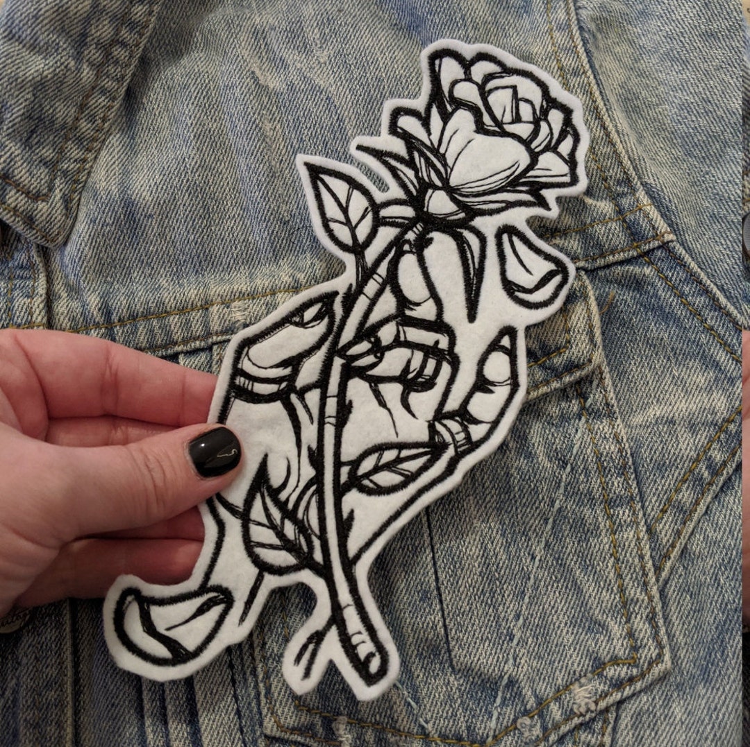 Rose Line Patch White Linework Rose in Hand Iron on Patch | Embroidered Patch | Patches ...